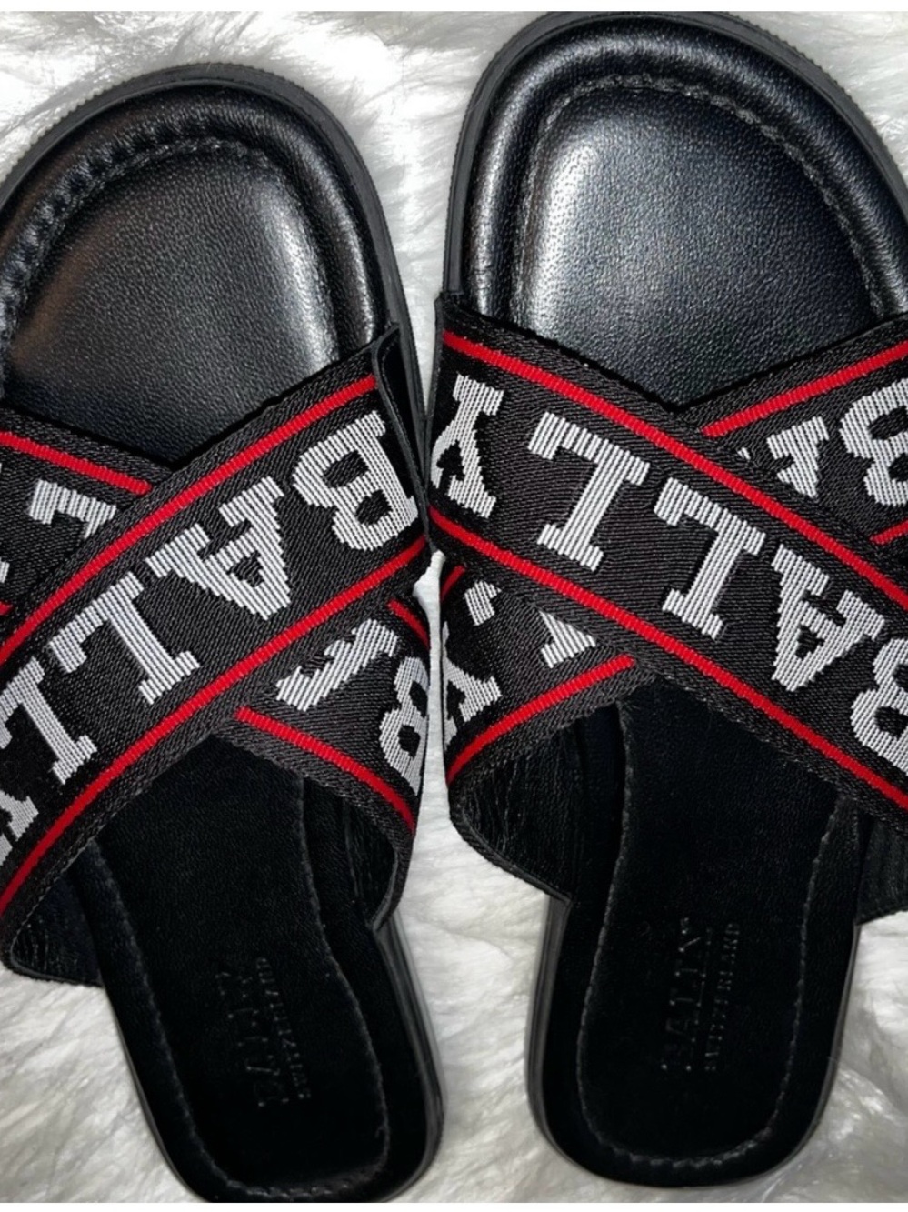 Bally Black Slide Sandals with Red & White Logo Straps
